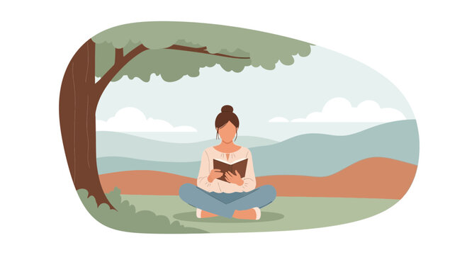 Contented Reader Relaxing Under The Tree Immersed In A Tranquil Nature Setting