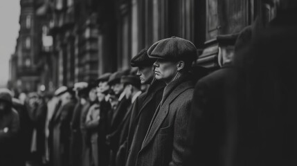 Naklejka premium Group of Men in Vintage Flat Caps Standing in Line Black and Whi