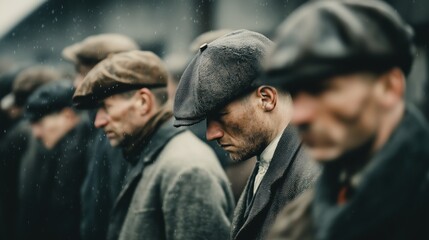 Historical Working Class Men in Rain, Period Attire, Grimy Faces