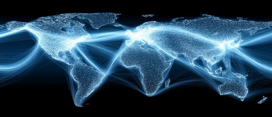 Digital global shipping routes visualized as a luminous network of data connections abstract art global perspective technology concept