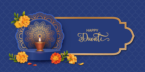 Diwali Festival Banner. Traditional Indian background with diya lamp on podium, golden frame and marigold flowers