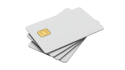 Stack of blank white credit or debit cards with a gold chip isolated on transparent background