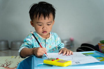 Toddler Drawing with Pencil on Paper at Home