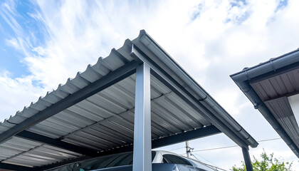 Fototapeta premium 青空の下に建つ折板カーポート屋根のクローズアップ