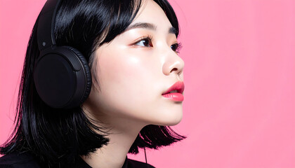 黒髪の美しい若い女性がヘッドホンで音楽を聴く横顔