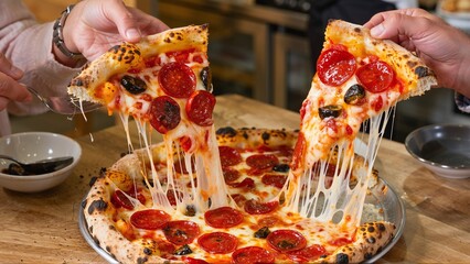 A Mouthwatering Display of Hot, Cheesy Pizza with Pepperoni, Olives, and Charred Crust being Served to Two Hungry Customers.