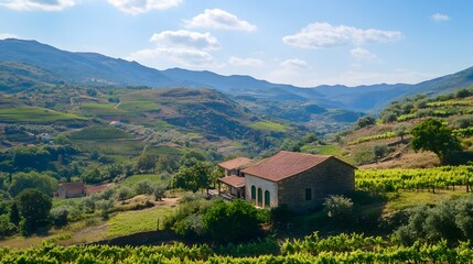 Serene vineyard landscape with a rustic house amidst rolling hills and vibrant greenery under a clear sky