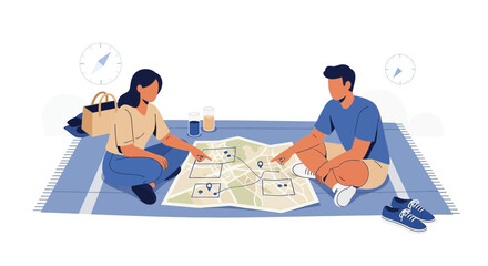 Couple Planning Travel Adventure, Exploring Destination with Map, Travel and Exploration