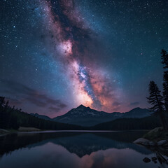 A mesmerizing shot that captures the grandeur of a starry night and mountain reflected in the calm lake's waters. The tranquil scene.
