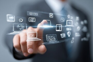 Businessman interacting with digital interface, futuristic technology concept.