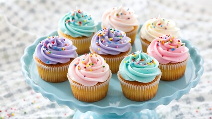Delightful Assortment of Swirled Cupcakes in Pastel Colors, Adorned with Colorful Sprinkles, Arranged on a Pale Blue Cake Stand.