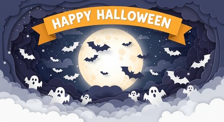 Unique paper cut style Halloween banner featuring a night sky with clouds, bats, full moon, and spooky ghosts in fog, ideal for party posters and festive templates