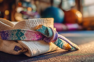 Close-up View of a Colorful Karate Belt Tied Around a White Gi on a Yoga Mat with Natural Light and Soft Focus Background Elements