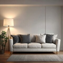 pillows. A contemporary sofa with textured pillows in a minimalist living space, creating a cozy and inviting atmosphere. lifestyle magazines.