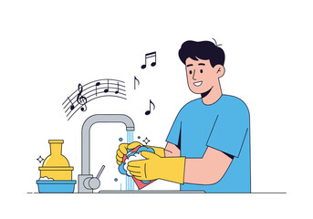 A person washes dishes while listening to music.