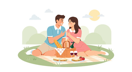 Couple's Delightful Picnic Amidst Nature's Embrace, Illustrating Tender Moments and Shared Joy