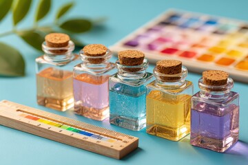 Collection of Colorful Bottles with Cork Stoppers Filled with Liquid and Ruler on Blue Surface Against Color Palette for Artistic and Creative Use