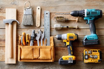 Collection of Essential Hand Tools and Power Tools Arranged Neatly on a Wooden Surface Ideal for DIY Projects and Home Improvement Tasks