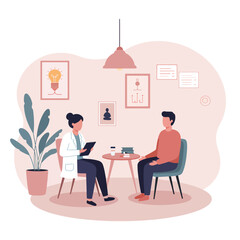 Vector Illustration of Therapy Session with Therapist and Patient in Modern Minimalist Style with Soft Pastel Colors