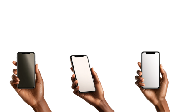 Hands holding smartphone isolated on transparent background, showcasing mobile technology and communication devices
