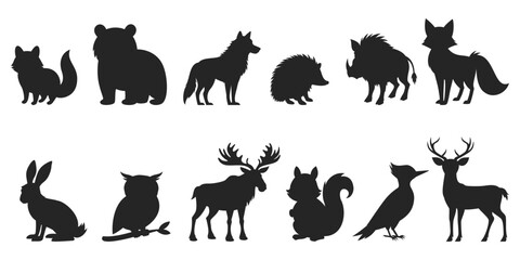 Forest animals silhouette set of vector illustrations, silhouette forest wildlife characters for educational materials, books and printable activities