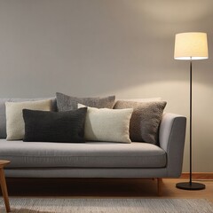 pillows. A contemporary sofa with textured pillows in a minimalist living space, creating a cozy and inviting atmosphere. lifestyle magazines.