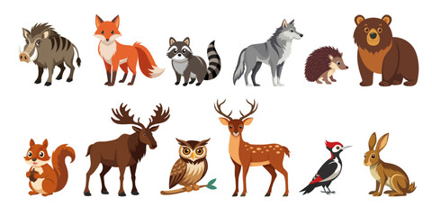 Wild forest animals cartoon set. Vector illustration of woodland creatures isolated on white background.