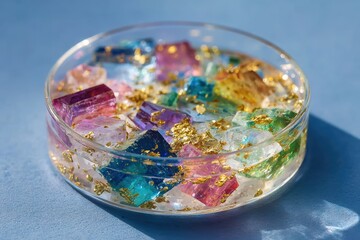 Colorful and Shimmery Gelatin Cubes with Gold Flakes in a Clear Dish on a Soft Blue Background, Perfect for Craft and Food Decoration Inspiration