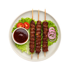 Delicious grilled beef skewers with BBQ sauce, lettuce, tomato, and red onion.