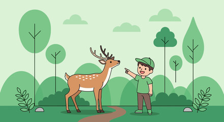 Child Experiences Amazement Displaying Curiosity Approaching Friendly Deer In Forest Environment