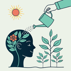 Growth mindset and self-care concept, A hand watering a flower in a human head, Vector illustration - Generative AI

