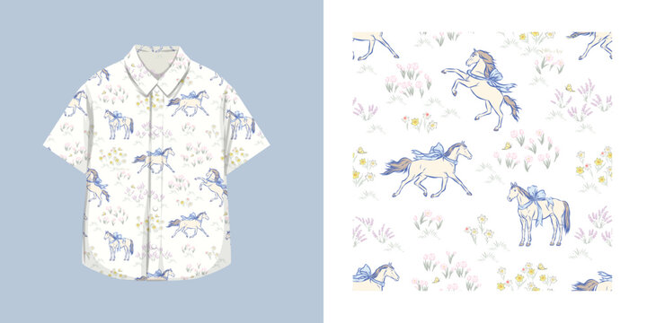 Seamless pattern of horse and meadow isolated on transparent  background