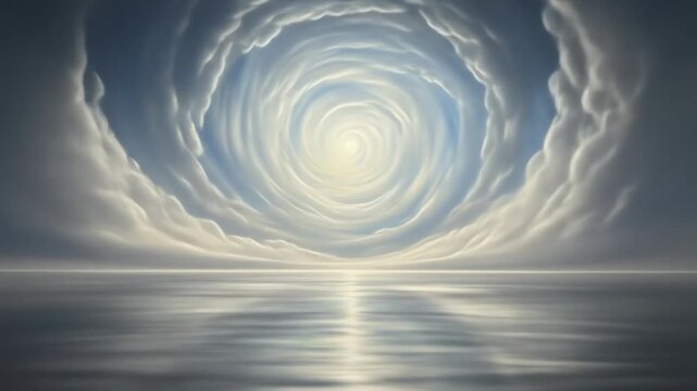 Mesmerizing Swirling Sky Vortex Over Calm Reflective Water Surface, Ethereal Cloudscape Transition