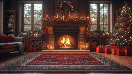 Cozy Christmas Living Room Scene: A warm and inviting holiday scene unfolds in a richly decorated living room, centered around a crackling fireplace and a beautifully adorned Christmas tree.