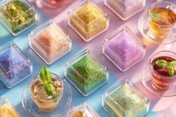 Colorful Assorted Sugar Cubes in Transparent Containers with Refreshing Herbal Tea and Mint Garnish on a Bright Background