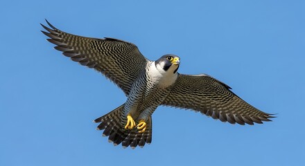 A majestic peregrine falcon soaring through a clear blue sky.