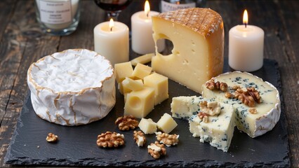 Cheese Selection by Candlelight: An Assortment of Cheeses and Walnuts on a Dark Slate Board.