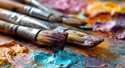 Naklejka premium Artistic Paintbrushes Resting on a Colorful Palette with Vibrant Hues and Textures.