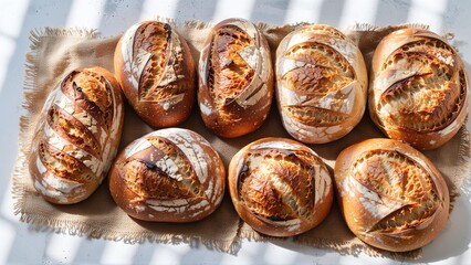 A Delicious Display of Homemade Sourdough Bread Loaves, Resting on a Rustic Burlap, Showcasing Crusty Textures and Artisan Baking.