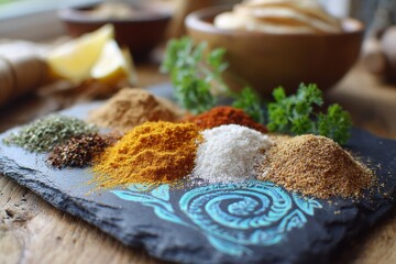 Colorful Assortment of Ground Spices and Herbs on a Slate Board Surrounded by Ingredients in a Rustic Kitchen Setting with Natural Light