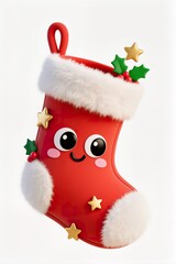 An artwork of a Happy Christmas stocking with a kawaii face, a cute festive design, white backdrop