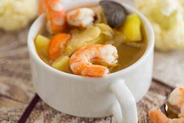 Light Protein Soup with Shrimp, Potatoes and Basil
