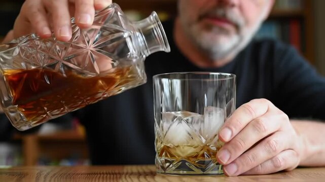 Man pouring amber liquid from decanter into glass with ice