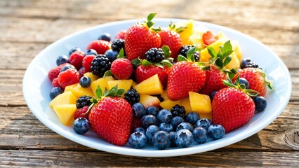 Vibrant medley of fresh berries and tropical fruit, a delightful explosion of colors and flavors, served on a white plate.
