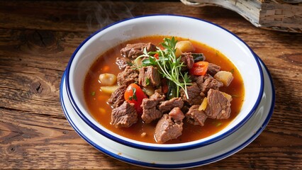 Steaming Bowl of Hearty Beef Stew: A Delicious and Nutritious Meal Perfect for a Cozy Evening on Rustic Wooden Table.