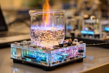 Colorful Chemical Reaction in Laboratory with Flames and Bubbles, Showcasing Modern Science and Experimentation in a Controlled Environment