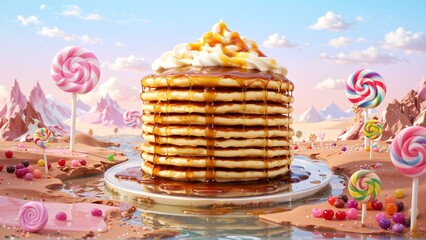 A Sweet Escape: Towering Pancakes with Caramel Drizzle in a Candy Wonderland, a Delicious Dreamscape Come to Life.