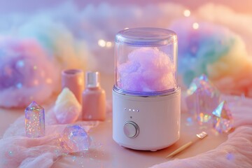 Colorful Cotton Candy Maker with Fluffy Confectionery Surrounded by Sparkling Crystals and Soft Pastel Decor for Whimsical Celebrations and Events
