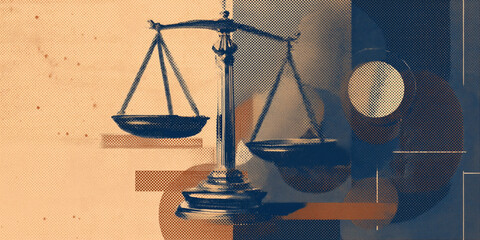 The scales of justice over a halftone modern abstract background. Law firm, lawyer, attorney graphic for personal injury, medical malpractice or defense law firm website