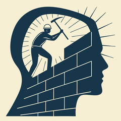 Building a growth mindset, A worker constructing a wall inside a human head, Vector illustration - Generative AI
